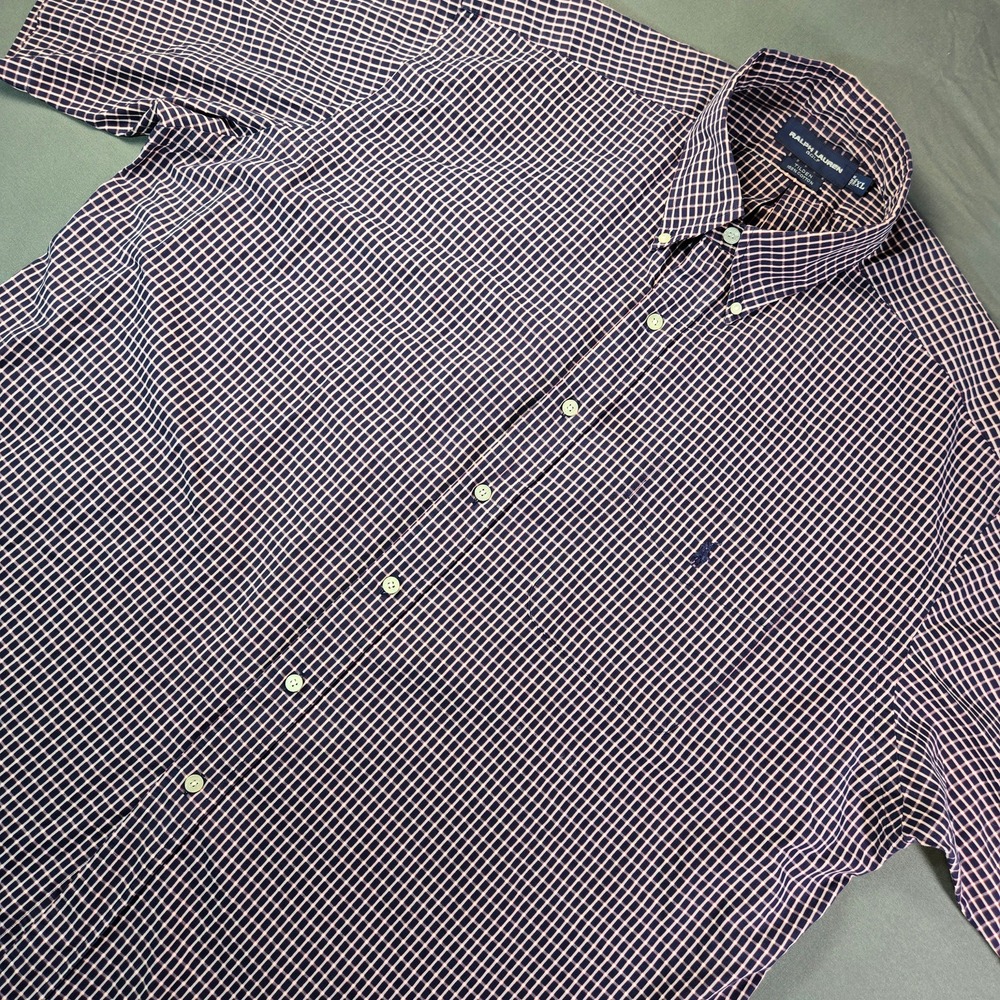 Ralph Lauren Golf Tilden Shirt Men's XL Short Sleeve Button Down Grid Check Navy